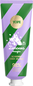 Krem do rąk YOPE Zimowa magia w fioletowo-zielonej tubce, z przodu widać lisa i 98% składników naturalnych.