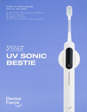 DentalForce UV SonicBestie, biała szczoteczka soniczna z funkcją UV i magnetycznym uchwytem, widok z przodu.