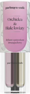 Dyfuzor dwukomorowy Orchidea & Białe kwiaty. Widoczne dwie fiolki z płynem: purpurowa i oliwkowa.