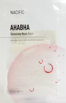 Nacific AHABHA Balancing Mask Pack, biała saszetka z kwasami AHA BHA, różowe pęcherzyki, widok z przodu.