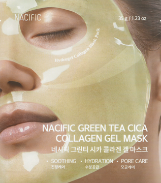 Przezroczysta, żółtawa hydrożelowa maska Nacific Green Tea Cica Collagen Gel Mask na twarzy, nawilża i koi.