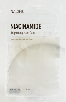 Nacific Niacinamide Brightening Mask Pack, biało-przezroczysta saszetka z czarnym tekstem, widok z przodu.