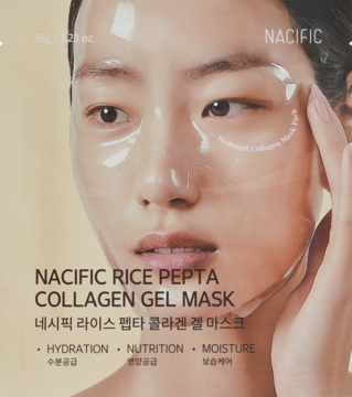 NACIFIC Rice Pepta Collagen Gel Mask, opakowanie prezentujące modelkę z przezroczystą hydrożelową maską na twarzy.