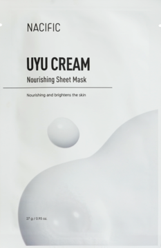 Biała saszetka maski Nacific UYU CREAM Nourishing Sheet Mask z mlecznymi kroplami i czarnym napisem, widok z przodu.