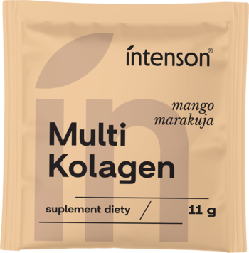 Intenson Multi Kolagen mango-marakuja, beżowa saszetka suplementu diety 11 g, widok z przodu.