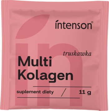 Różowa saszetka suplementu Intenson Multi Kolagen o smaku truskawki, 11g, widok z przodu, z logo.