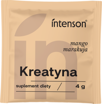 Beżowa saszetka Intenson Kreatyna 4g o smaku mango-marakuja, suplement diety, widok z przodu.
