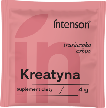 Różowa saszetka Intenson Kreatyna 4g, smak truskawka-arbuz, monohydrat, widok z przodu.