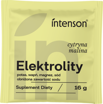 Widok z przodu: żółta saszetka Intenson Elektrolity cytryna malina, 16g, z obniżoną zawartością sodu.