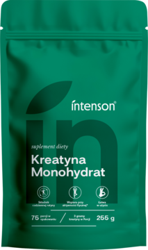 Intenson Kreatyna Monohydrat, zielona saszetka 255g, widok z przodu, białe napisy, logo 'in'.