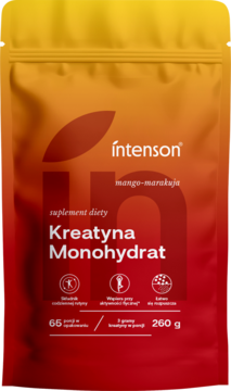 Pomarańczowo-czerwona saszetka Intenson Kreatyna Monohydrat mango-marakuja, widok z przodu.