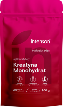 Różowa saszetka Intenson Kreatyna Monohydrat truskawka-arbuz, 260g. Widok z przodu. Suplement diety wspierający wydolność.