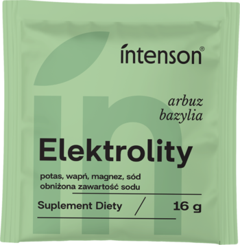 Intenson Elektrolity, zielona saszetka, smak arbuz-bazylia, 16g, suplement diety, widok z przodu.