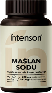 Intenson Maślan Sodu 90 kaps. w ciemnej butelce z beżową etykietą, 720 mg maślanu sodu, widok z przodu.