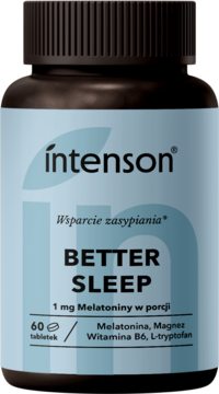 Intenson Better Sleep, ciemna butelka z niebieską etykietą, 1 mg melatoniny na sen, 60 tabletek, widok z przodu.