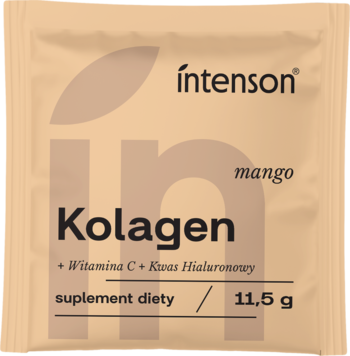 Beżowa saszetka Intenson Kolagen mango, suplement diety z witaminą C i kwasem hialuronowym, 11,5g, widok z przodu.