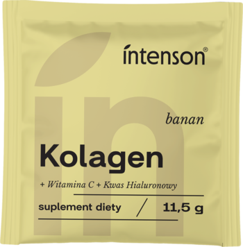 Intenson Kolagen bananowy suplement diety 11,5g w beżowej saszetce z witaminą C i kwasem hialuronowym.