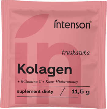 Intenson Kolagen truskawka, suplement diety 11,5g, różowa saszetka z białym napisem i logo 'in', widok z przodu.