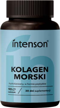 Ciemna butelka Intenson Kolagen Morski, 90 tabletek, z niebieską etykietą i tekstem Hydrolizowany. Widok z przodu.