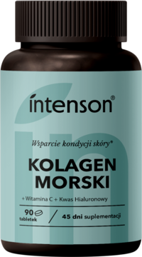 Intenson Kolagen Morski z witaminą C i kwasem hialuronowym, 90 tabletek, ciemna butelka, widok z przodu.
