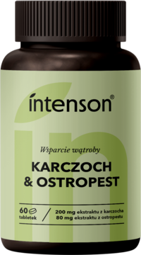 Intenson Karczoch & Ostropest, ciemna butelka z zieloną etykietą, 60 tabletek, wsparcie wątroby, widok frontalny.