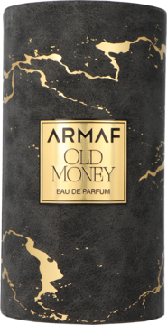 Męska woda perfumowana Armaf Old Money w czarnym flakonie ze złotymi wzorami, widok z przodu.
