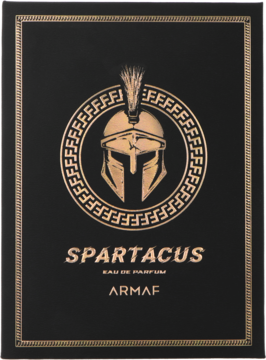 Czarny kartonik Armaf Spartacus woda perfumowana męska, złoty hełm spartański i logo marki, widok z przodu.