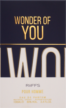 Front of Riiffs Wonder Of You Men 100ml EDP box; dark blue top, white bottom, gold text, large WO graphic.