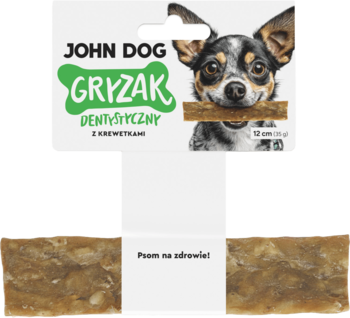 Opakowanie John Dog Gryzak Dentystyczny z Krewetkami. Pies chihuahua z gryzakiem i dwa brązowe przysmaki. 12 cm.