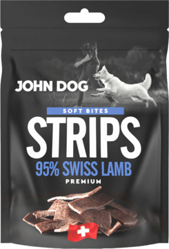 Czarna torebka John Dog Soft Bites Strips 95% Swiss Lamb ze smaczkami, psem i flagą Szwajcarii.