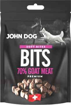 John Dog Soft Bites Bits, czarna torebka półwilgotnych przysmaków dla psa z 70% koziny i szwajcarską flagą.