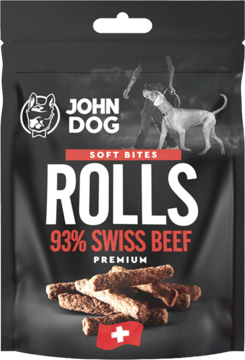 Czarna torebka John Dog Soft Bites Rolls Premium z 93% szwajcarskiej wołowiny, ze zdjęciem psów i rurek.