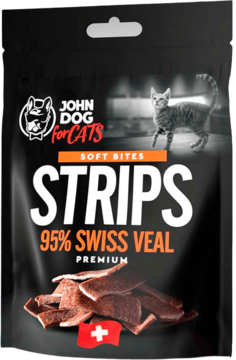 Czarne opakowanie John Dog for Cats Soft Bites Strips, 95% szwajcarskiej cielęciny, przysmaki dla kota, front.