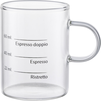 Przezroczysty szklany kubek z miarką do kawy, z podziałką na 22ml (Ristretto), 40ml (Espresso), 60ml (Doppio).