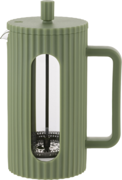 Zielony zaparzacz French press z ryflowaną obudową i szklanym wkładem, idealny do kawy lub herbaty.