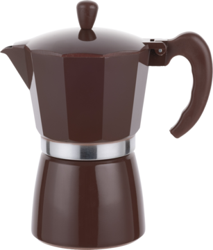 Kawiarka aluminiowa w kolorze ciemnobrązowym, klasyczny ośmiokątny kształt, ze srebrnym paskiem, widok z przodu.