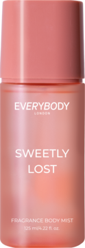 EVERYBODY LONDON SWEETLY LOST fragrance body mist 125ml. Różowa, cylindryczna butelka z matowym korkiem, widok z przodu.
