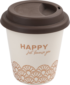 Kremowy kubek wielorazowy z brązową pokrywką, napisem "HAPPY just because you" i ozdobnym wzorem u dołu, widok z przodu.