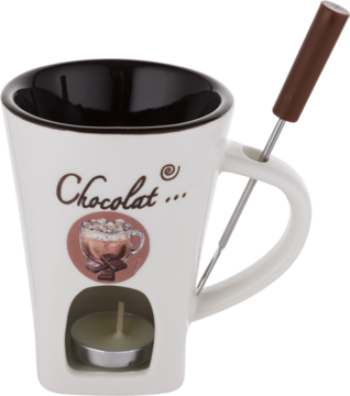 Biały ceramiczny kubek do fondue Chocolat z brązowym wnętrzem i widoczną świeczką tealight oraz widelcem.