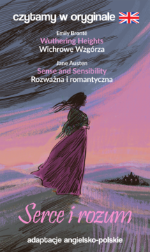Ilustrowana okładka dwujęzycznej książki. Kobieta w purpurowej sukni na tle różowo-fioletowego nieba. Wuthering Heights, Sense and Sensibility.