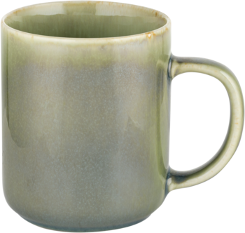 Kubek ceramiczny z zielono-niebieskim gradientem i brązową krawędzią, błyszczące szkliwo, ucho z prawej.