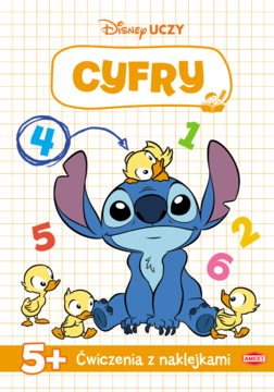 Okładka książki Disney Uczy Cyfry, Stitch z kaczkami uczy liczyć, z ćwiczeniami i naklejkami dla 5+.