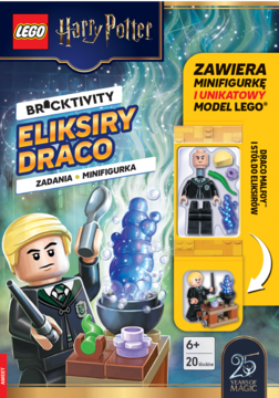 LEGO Harry Potter Eliksiry Draco: książka z zadaniami, figurka Draco Malfoya i stół z błękitnymi eliksirami.
