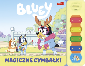 Front książki Bluey Magiczne Cymbałki z psem Banditem w porożu i szaliku, z boku panel z kolorowymi cymbałkami.