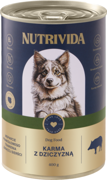 Niebiesko-zielona puszka karmy dla psa Nutrivida z dziczyzną 400g, etykieta z psem i dzikiem, widok z przodu.