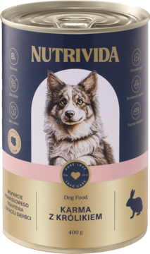 Nutrivida karma dla psa z królikiem 400g w puszce, granatowo-różowej z psem, wspiera trawienie i sierść.