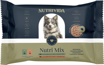 NutriVida Nutri Mix karma mokra dla psa (dziczyzna/jagnięcina), 4x100g. Dwie saszetki widoczne z przodu: ciemna i oliwkowa.