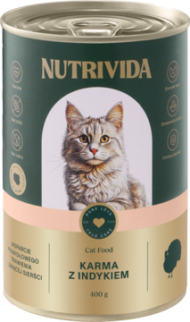 NUTRIVIDA karma dla kota z indykiem, puszka 400g. Złoto-zielona etykieta z puszystym kotem, widok z przodu.
