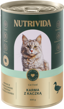 Puszka NUTRIVIDA Karma dla kota z kaczką, 400g. Zielona etykieta z kotem, wspiera trawienie i sierść, widok z przodu.