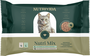 Zielona saszetka karmy Nutrivida Nutri Mix dla kota, z wizerunkiem kota, bez zbóż, widok z przodu.